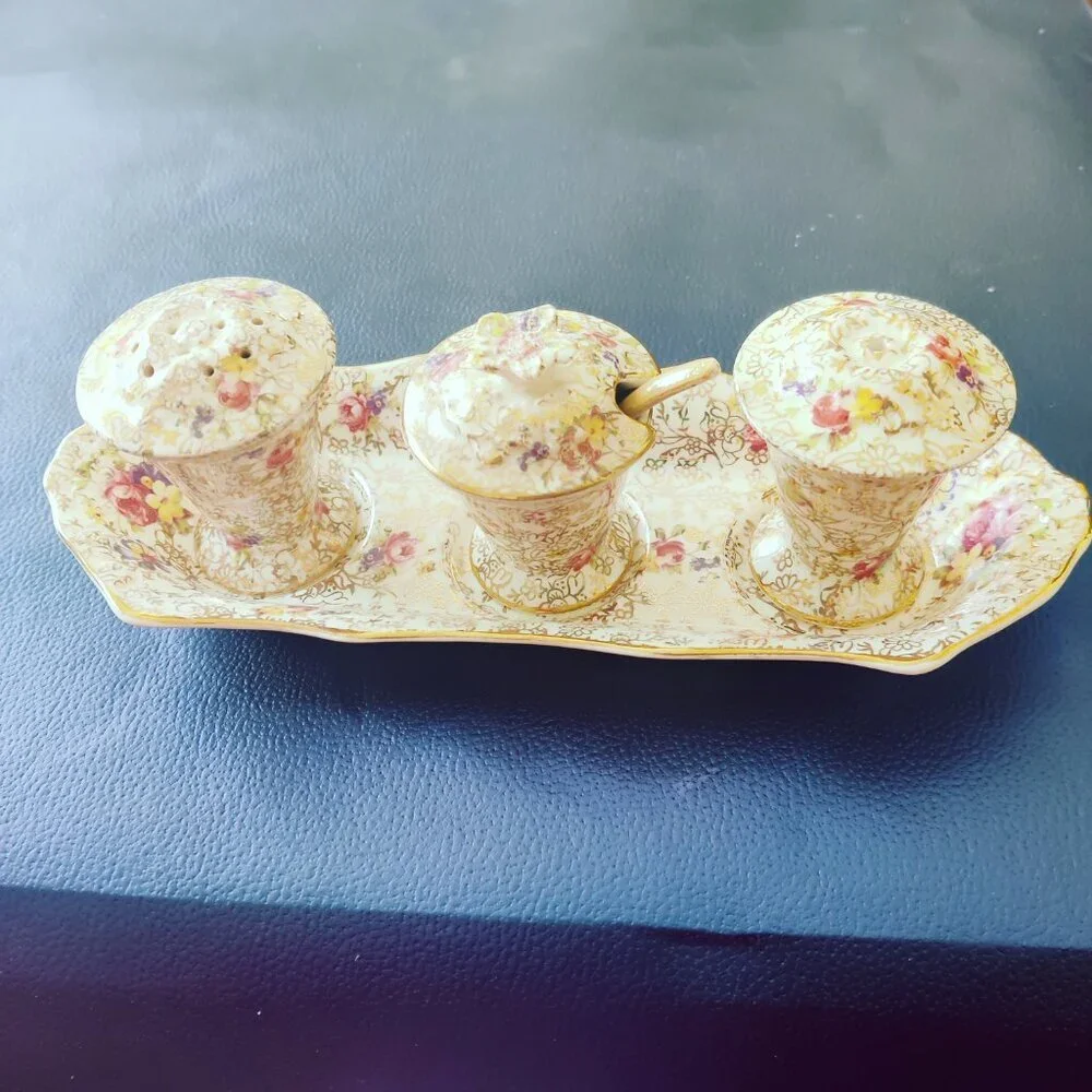 Salt Pepper & Mustard Porcelain Condiment Set in Chintz by Fenton, Vintage